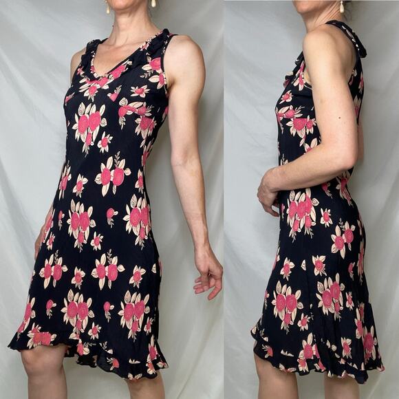 Vintage Y2K abstract rose floral print bias cut ruffle dress black pink Angie S - Picture 13 of 16